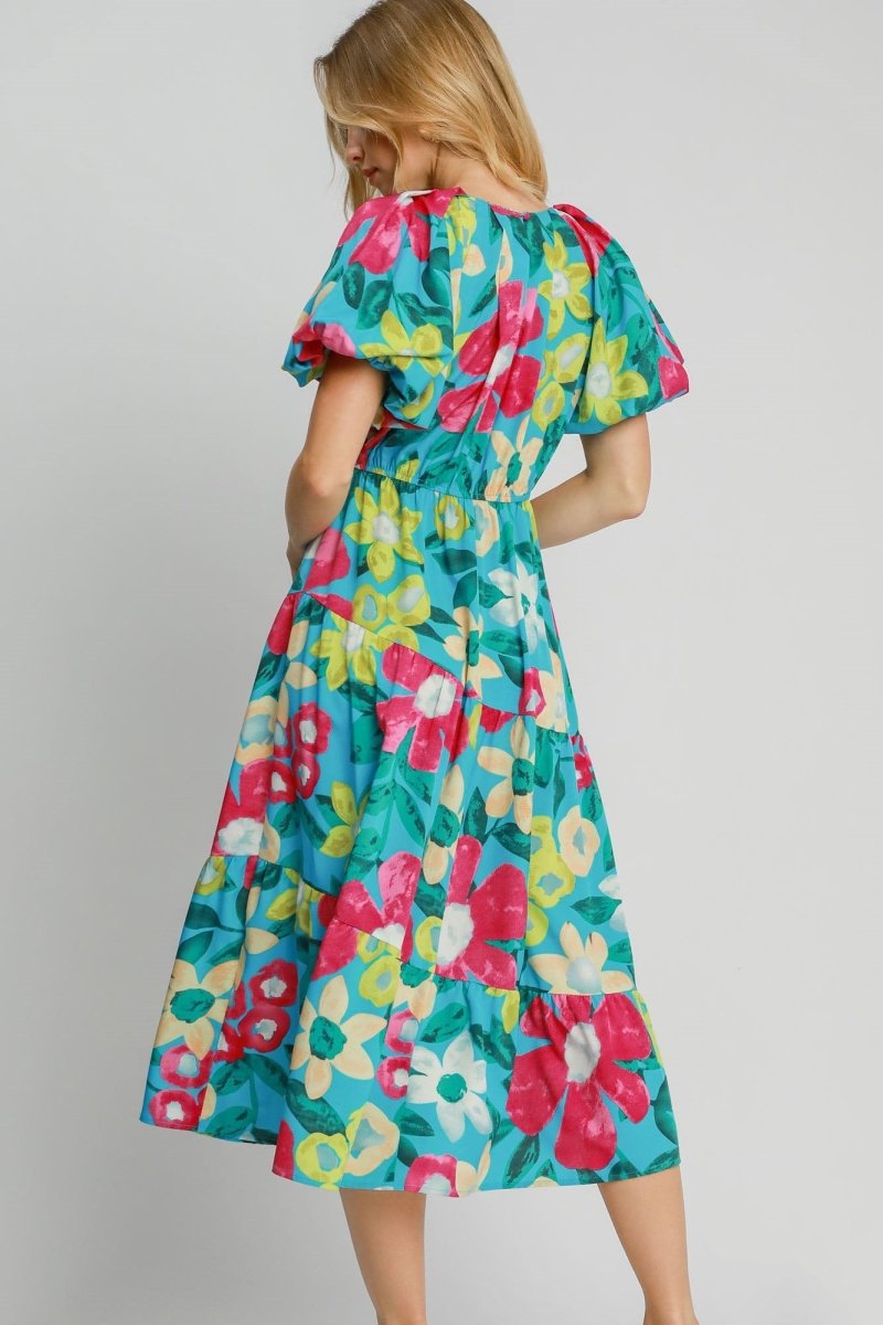 Umgee Full Size Tiered Floral Print Notched Puff Sleeve Midi Dress Plus Size - New Arrivals