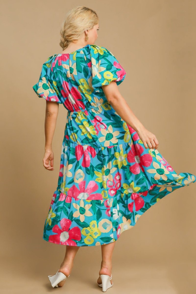 Umgee Full Size Tiered Floral Print Notched Puff Sleeve Midi Dress Plus Size - New Arrivals