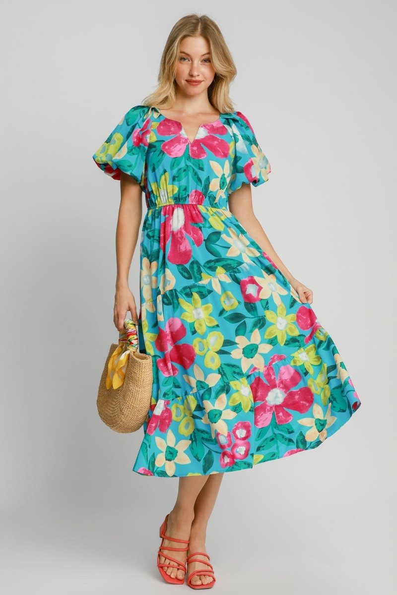 Umgee Full Size Tiered Floral Print Notched Puff Sleeve Midi Dress Plus Size - New Arrivals