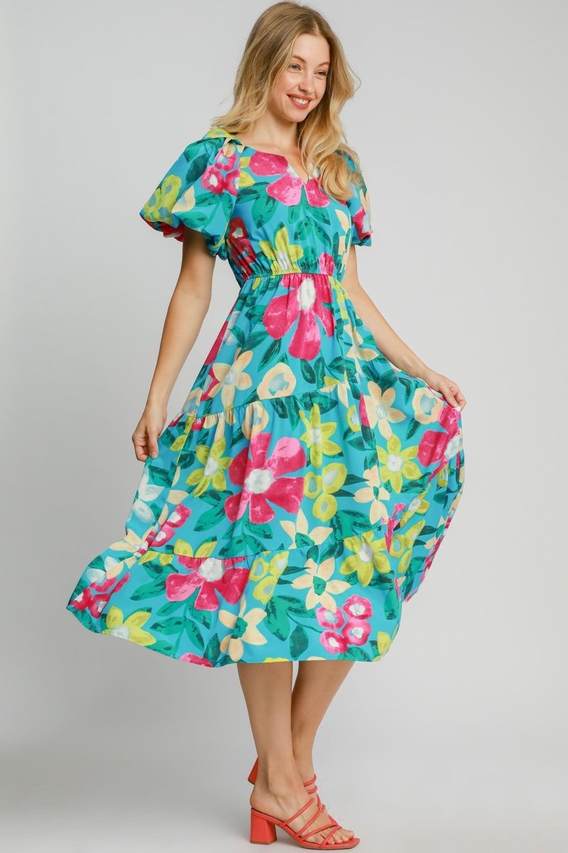 Umgee Full Size Tiered Floral Print Notched Puff Sleeve Midi Dress Plus Size - New Arrivals
