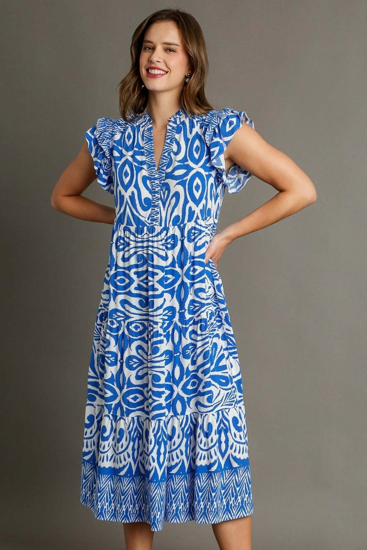 Umgee Full Size Two Tone Border Print Ruffle Cap Sleeve Midi Dress Plus Size - New Arrivals