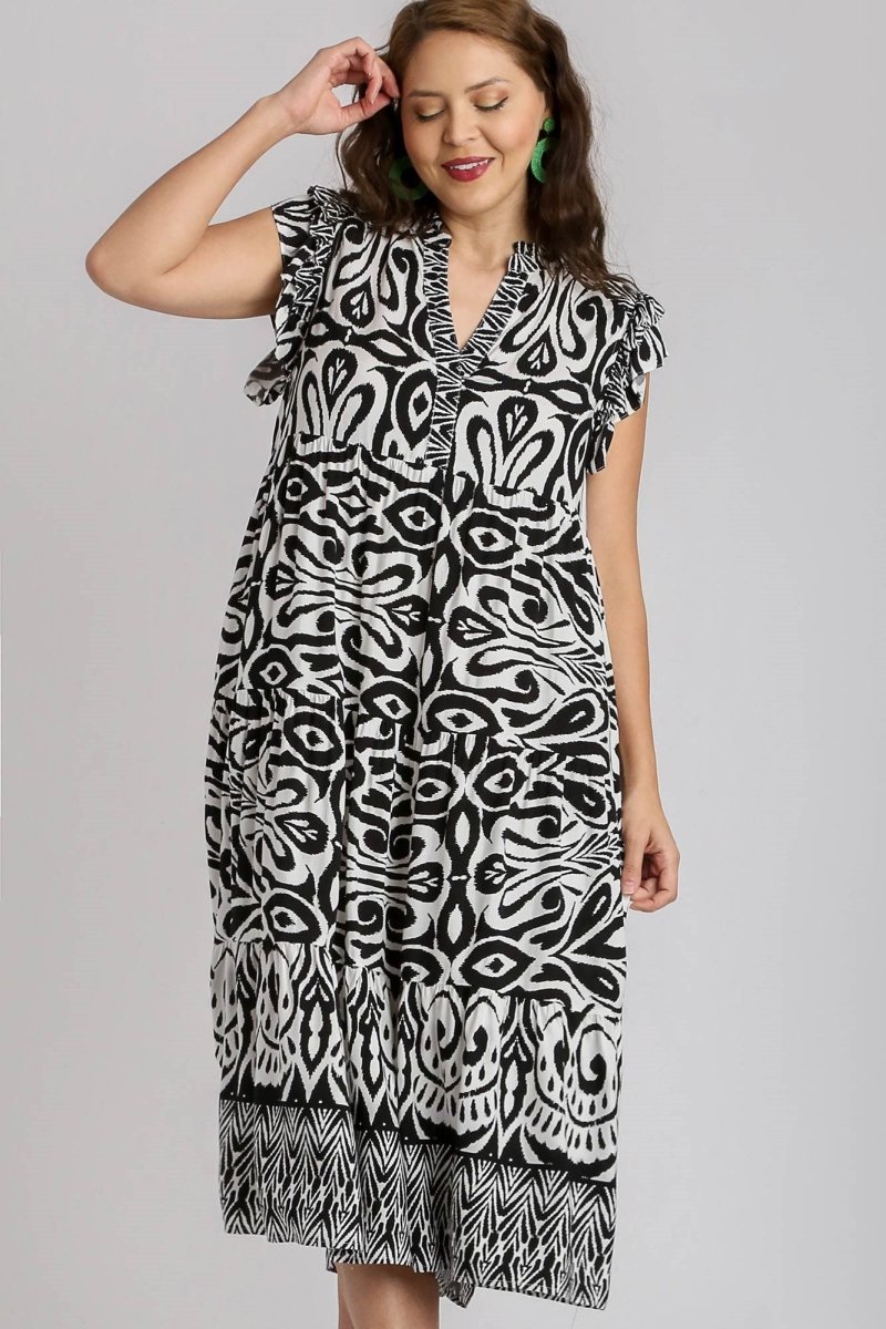 Umgee Full Size Two Tone Border Print Ruffle Cap Sleeve Midi Dress Plus Size - New Arrivals