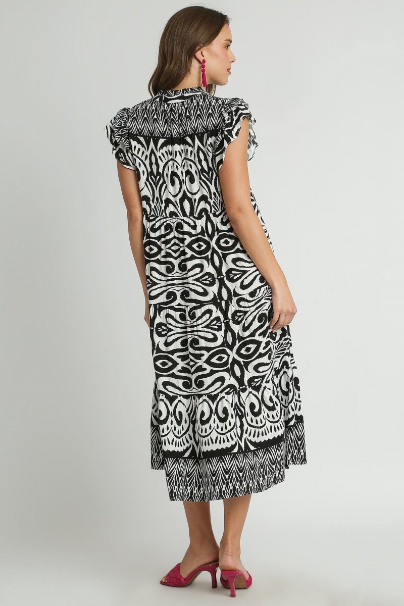Umgee Full Size Two Tone Border Print Ruffle Cap Sleeve Midi Dress Plus Size - New Arrivals