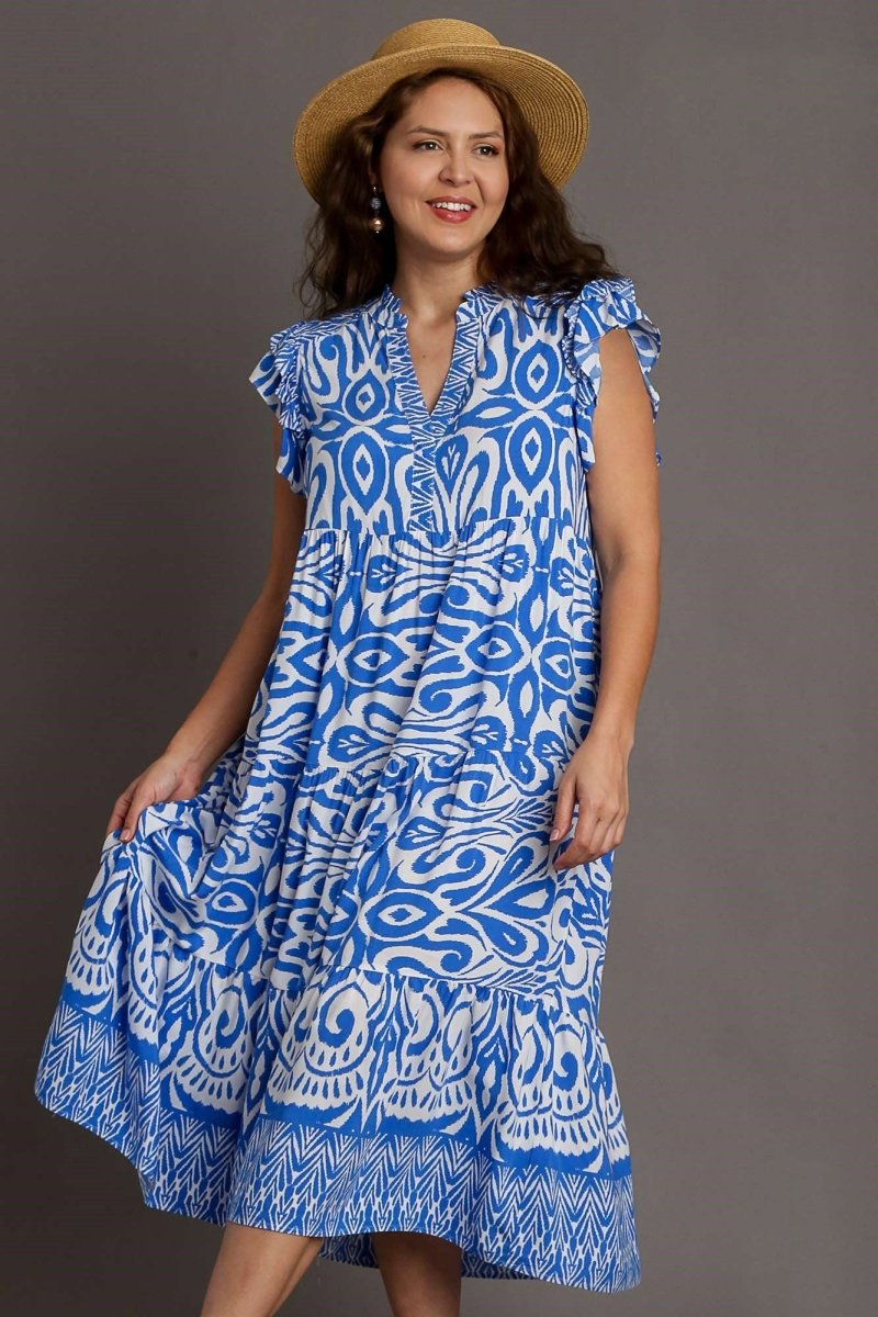 Umgee Full Size Two Tone Border Print Ruffle Cap Sleeve Midi Dress Plus Size - New Arrivals