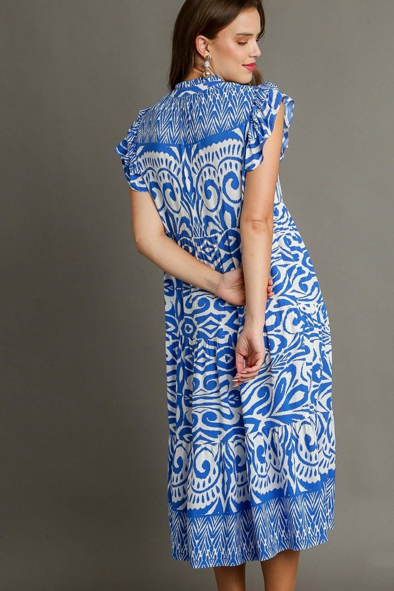 Umgee Full Size Two Tone Border Print Ruffle Cap Sleeve Midi Dress Plus Size - New Arrivals