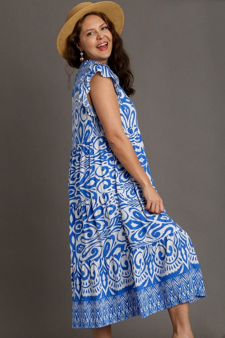 Umgee Full Size Two Tone Border Print Ruffle Cap Sleeve Midi Dress Plus Size - New Arrivals