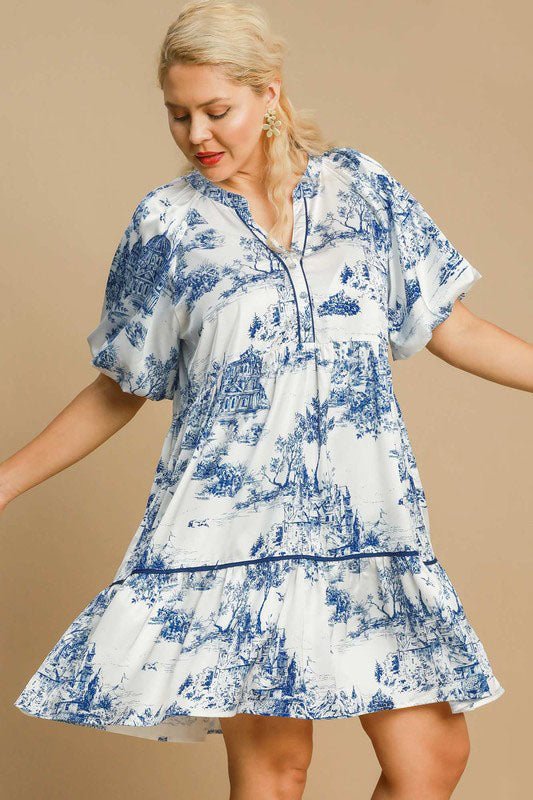 Umgee Full Size Two Tone Landscape Print Dress Plus Size - New Arrivals