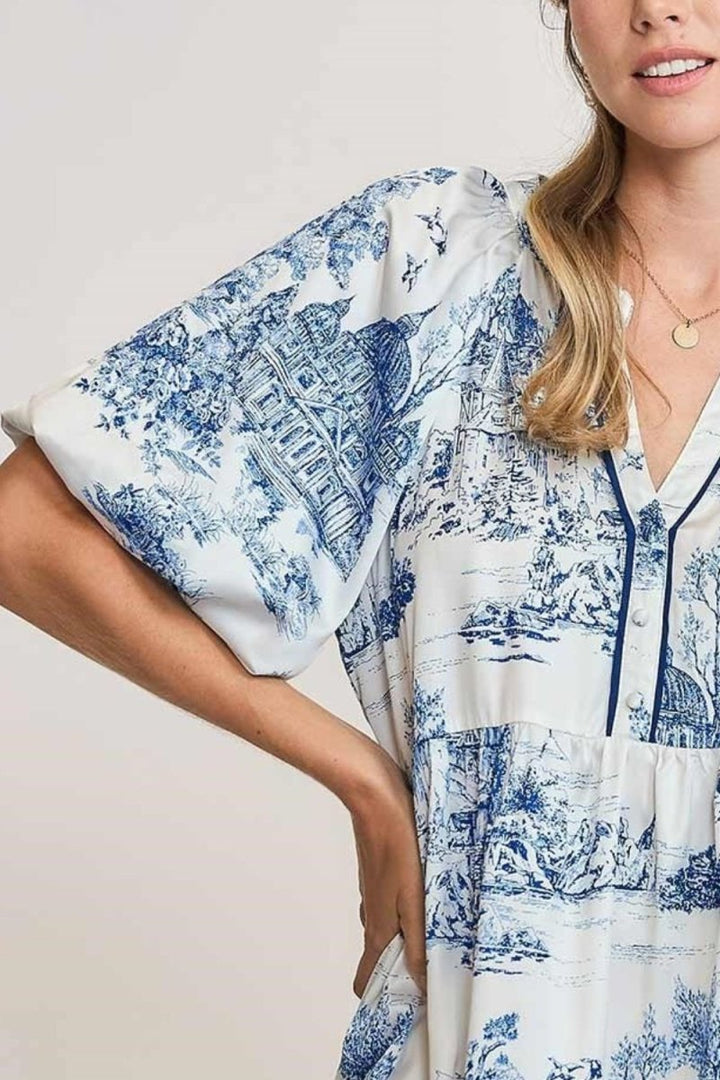 Umgee Full Size Two Tone Landscape Print Dress Plus Size - New Arrivals