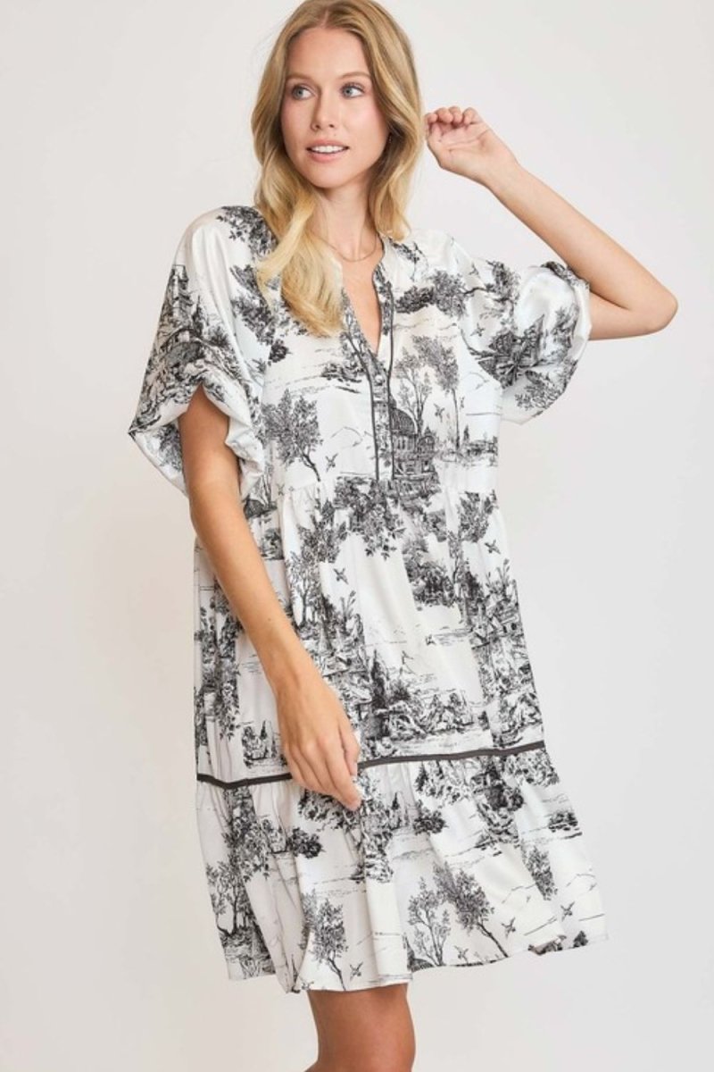 Umgee Full Size Two Tone Landscape Print Dress Plus Size - New Arrivals