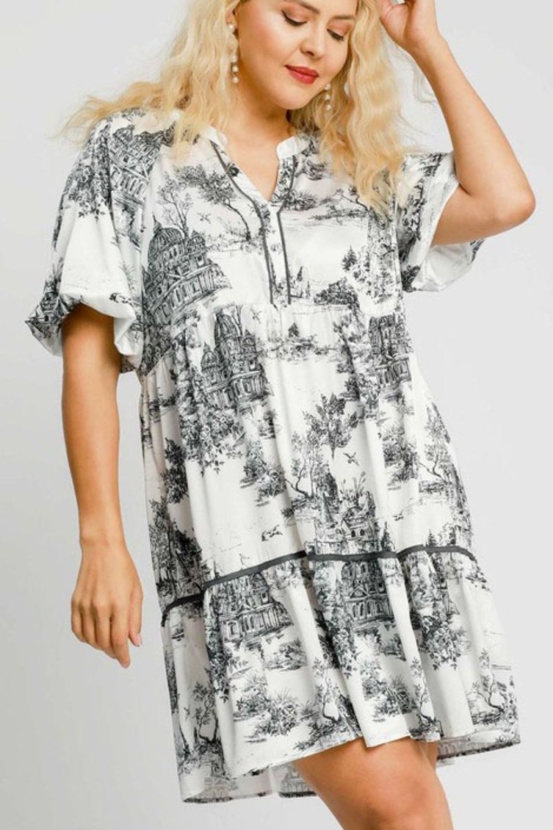 Umgee Full Size Two Tone Landscape Print Dress Plus Size - New Arrivals