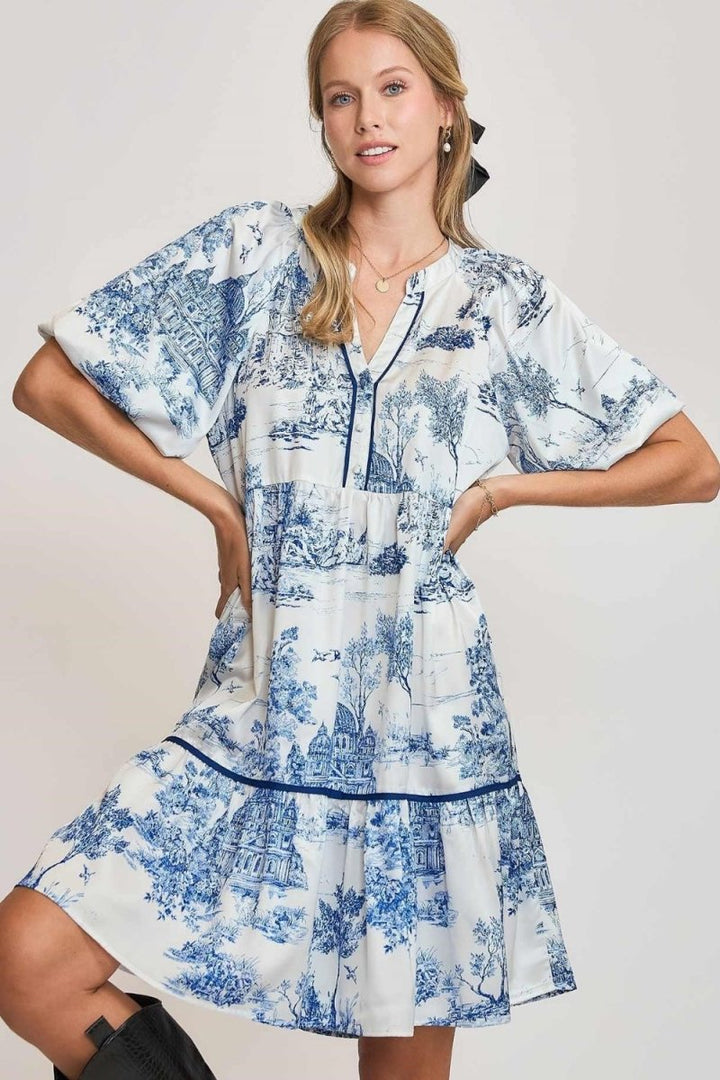 Umgee Full Size Two Tone Landscape Print Dress Plus Size - New Arrivals