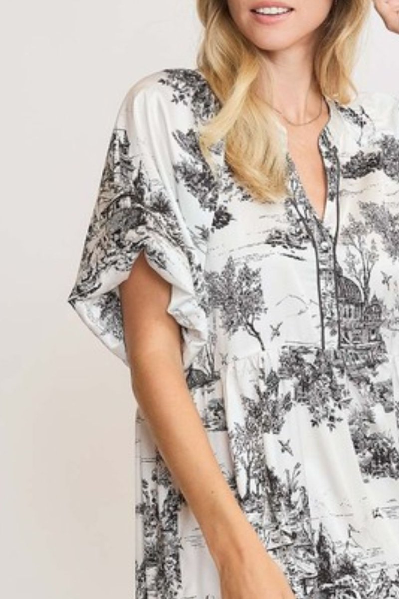 Umgee Full Size Two Tone Landscape Print Dress Plus Size - New Arrivals