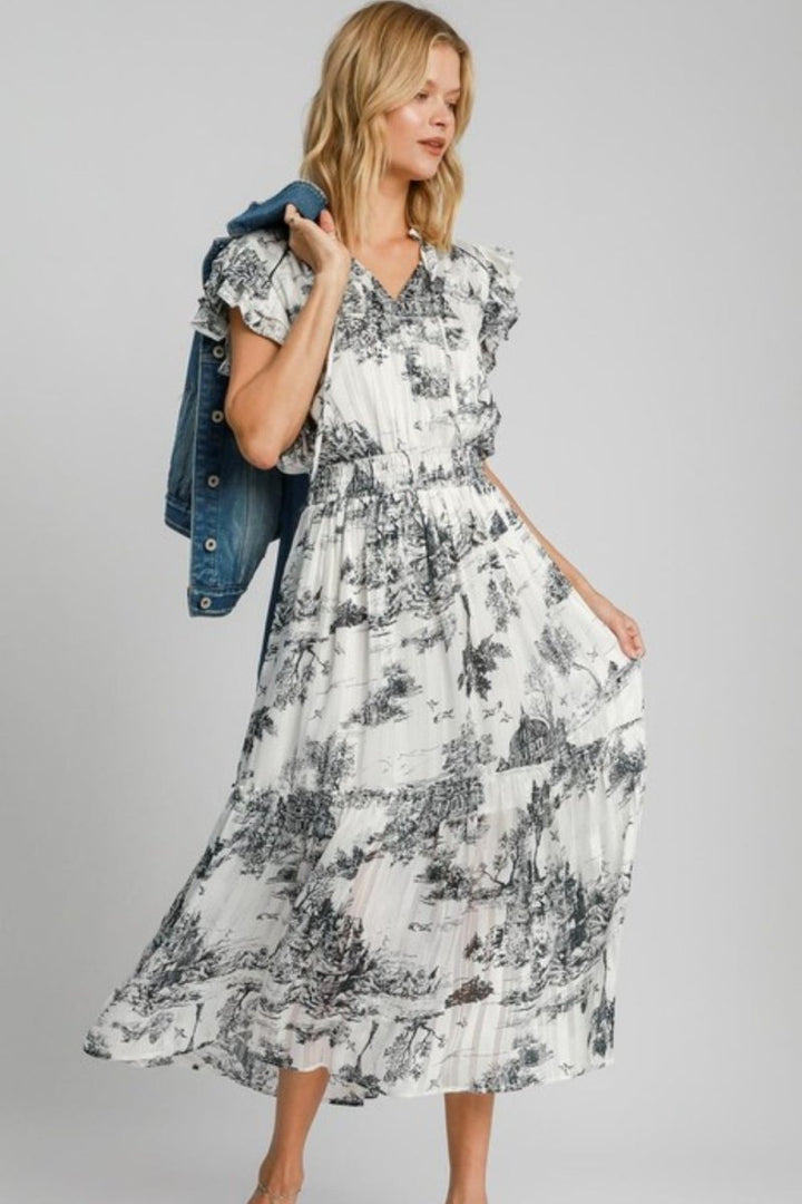 Umgee Full Size Two Tone Landscape Print Midi Dress Plus Size - New Arrivals