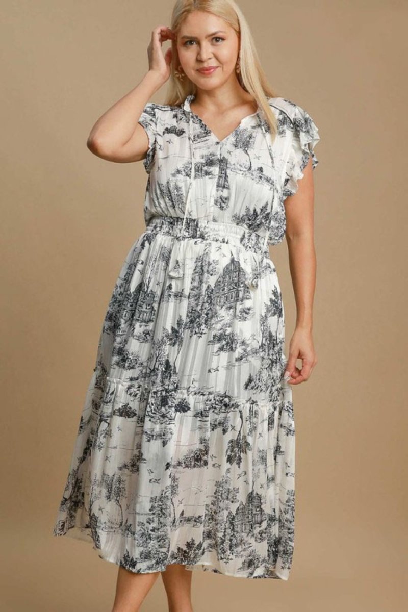 Umgee Full Size Two Tone Landscape Print Midi Dress Plus Size - New Arrivals