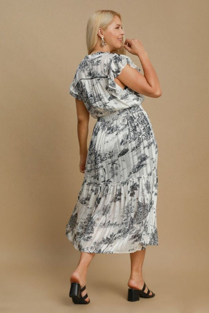 Umgee Full Size Two Tone Landscape Print Midi Dress Plus Size - New Arrivals