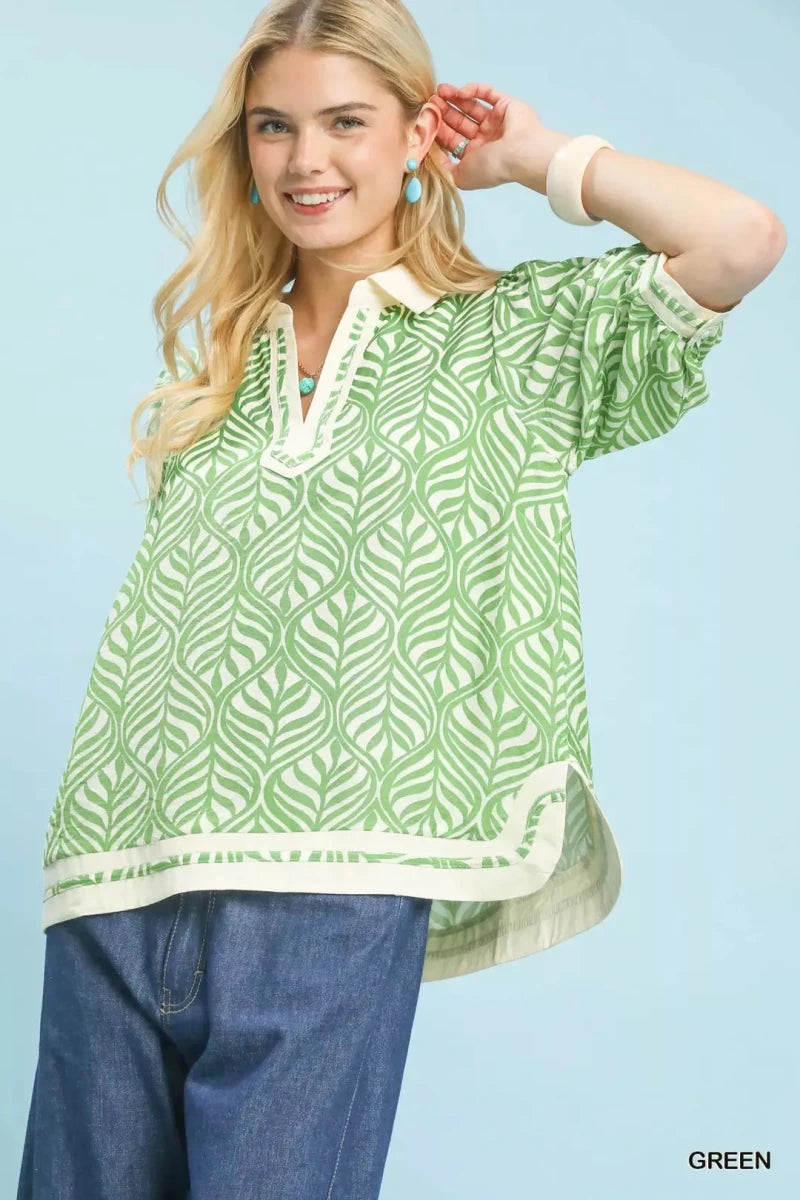 Umgee Geometric Leaf Print Popover Top - 