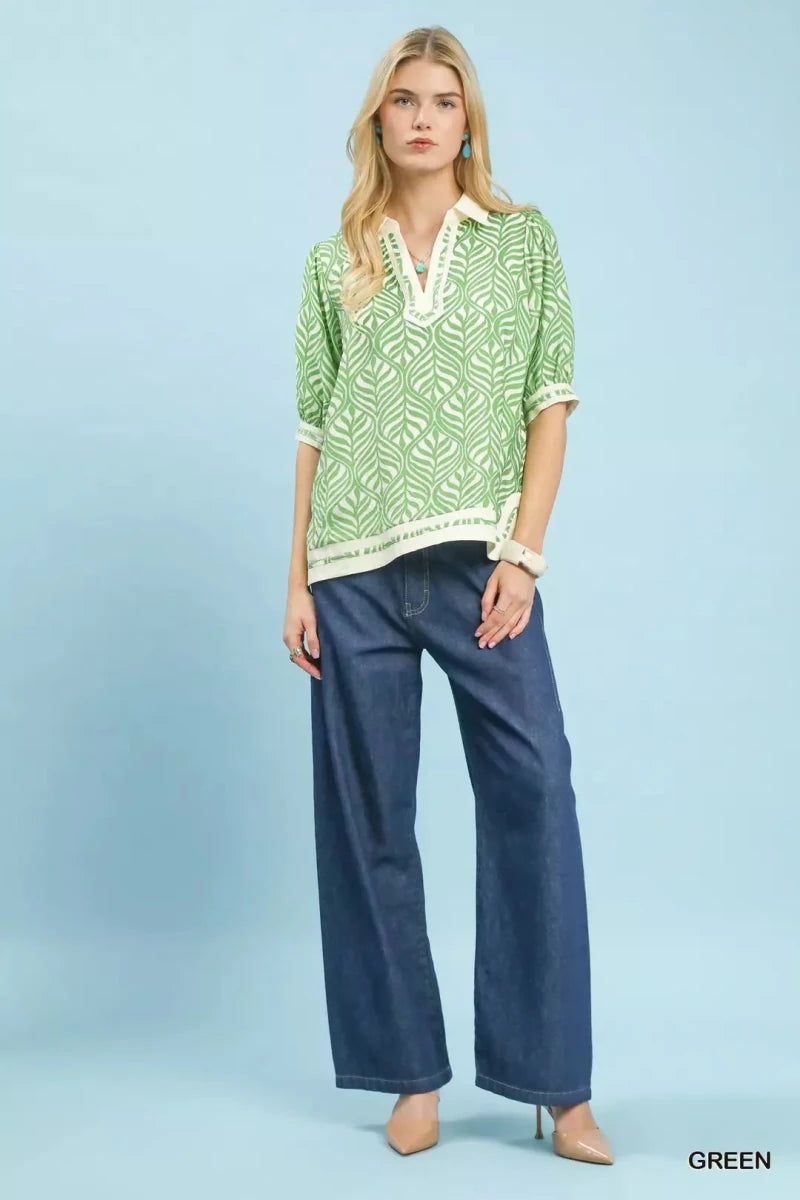 Umgee Geometric Leaf Print Popover Top - 