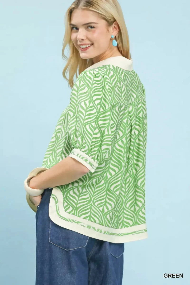 Umgee Geometric Leaf Print Popover Top - 