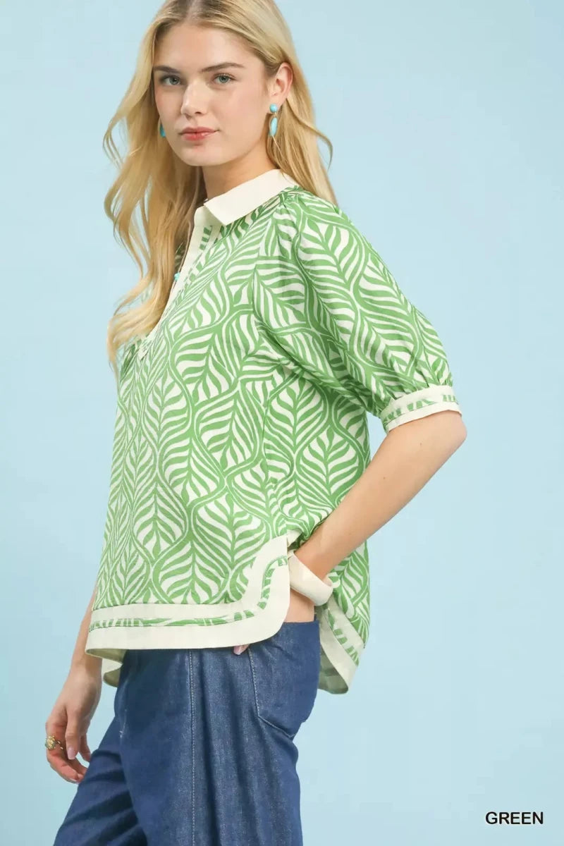 Umgee Geometric Leaf Print Popover Top - 