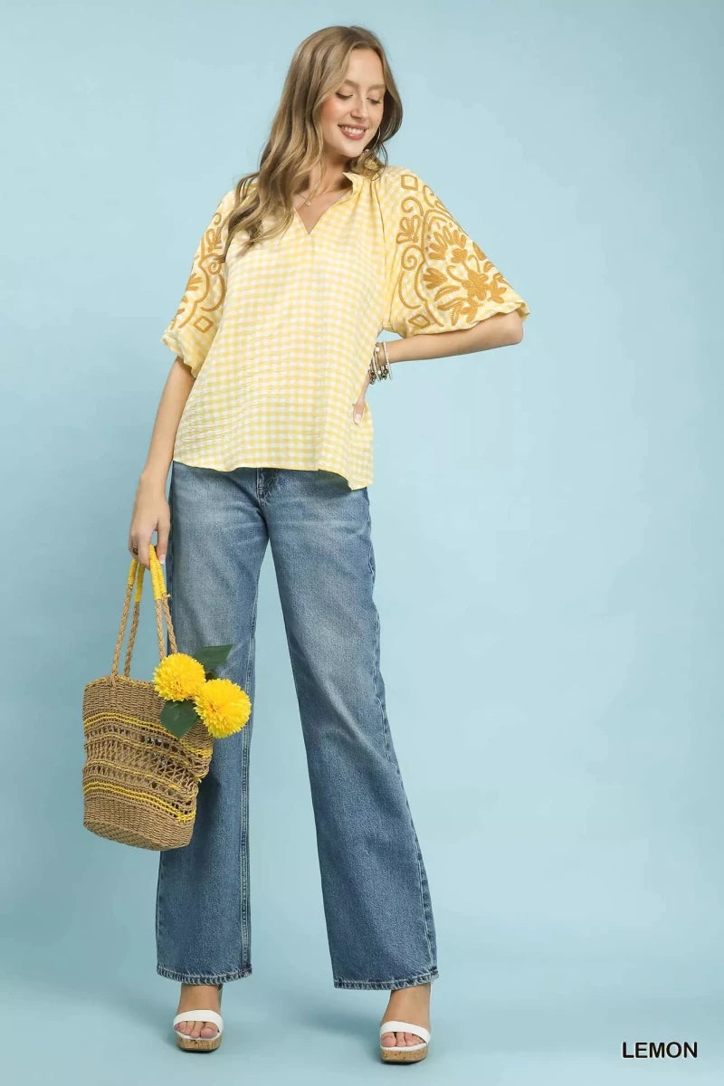 Umgee Gingham Embroidered Balloon Sleeve Top - 