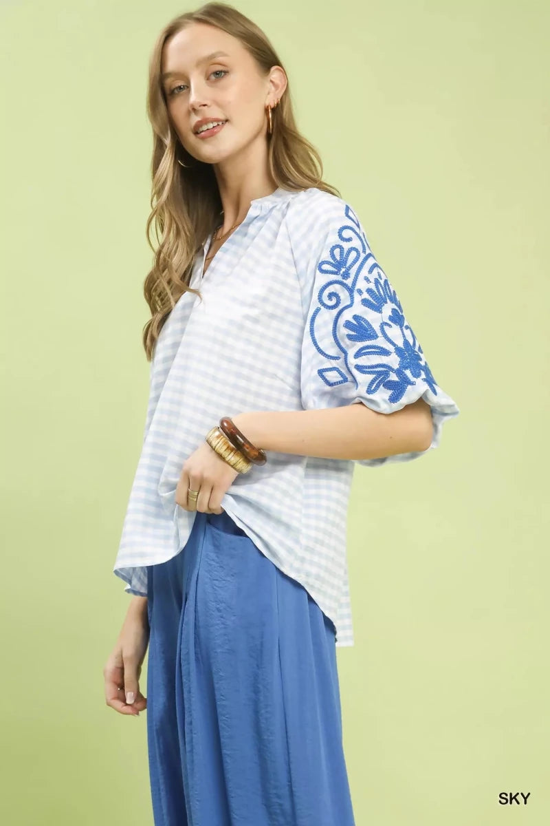 Umgee Gingham Embroidered Balloon Sleeve Top - 