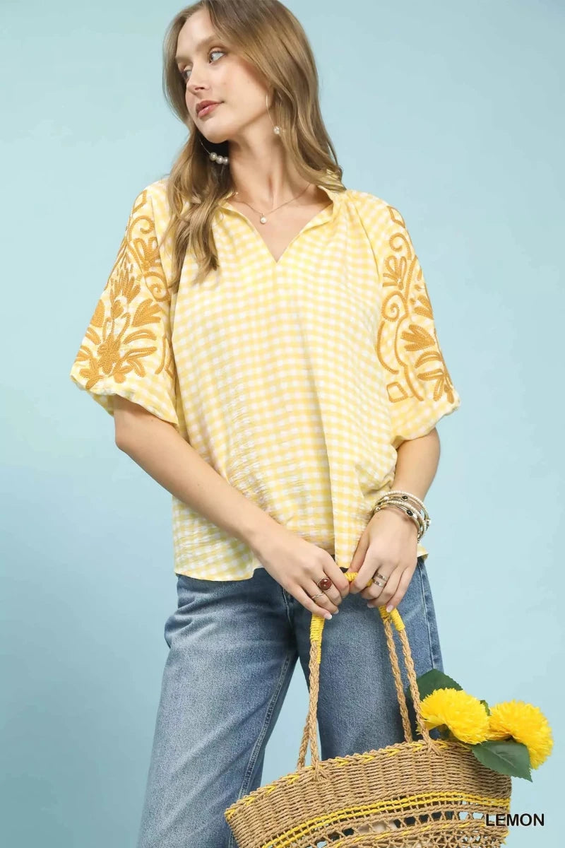 Umgee Gingham Embroidered Balloon Sleeve Top - 