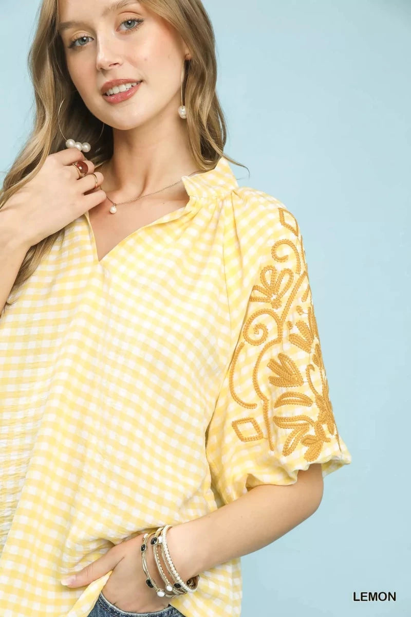 Umgee Gingham Embroidered Balloon Sleeve Top - 