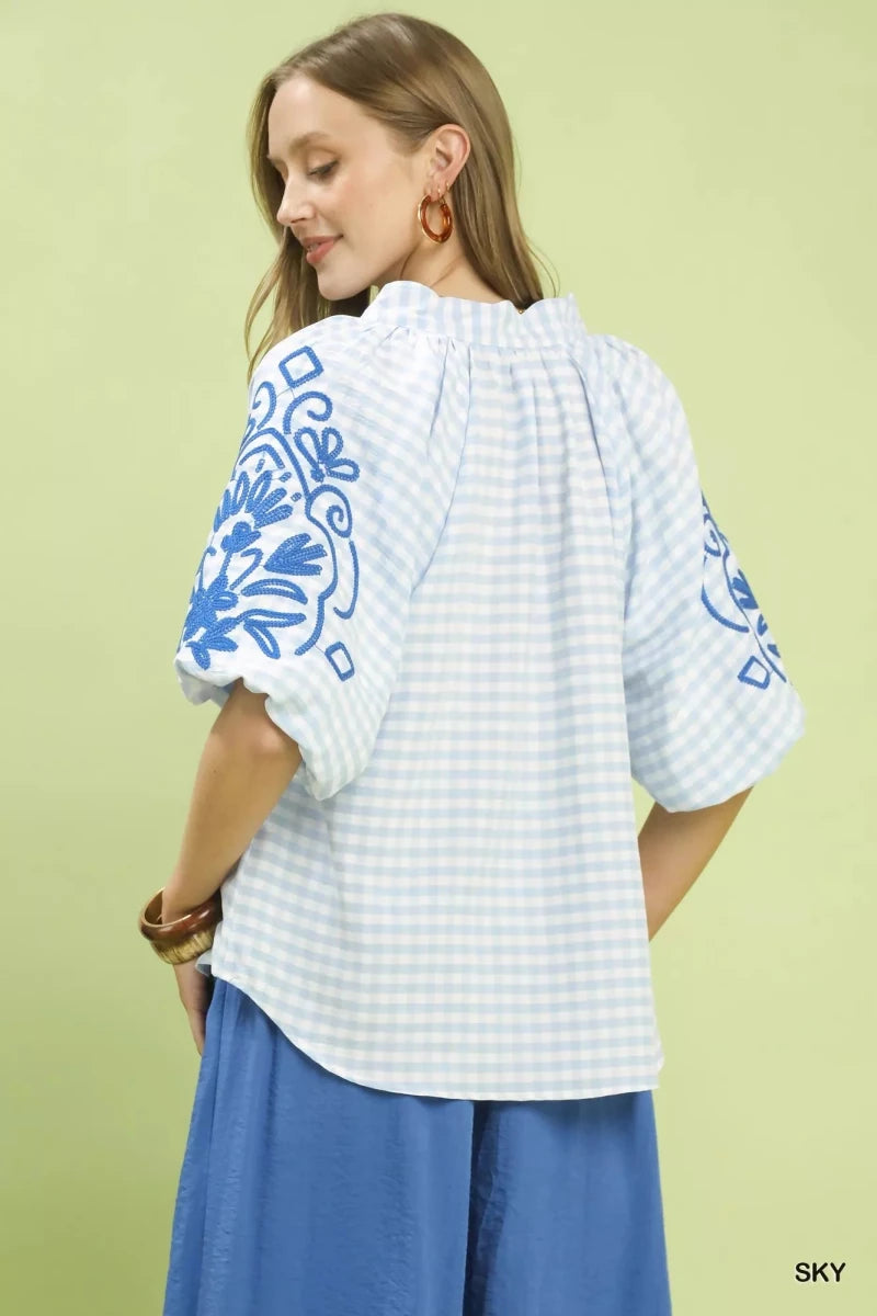 Umgee Gingham Embroidered Balloon Sleeve Top - 