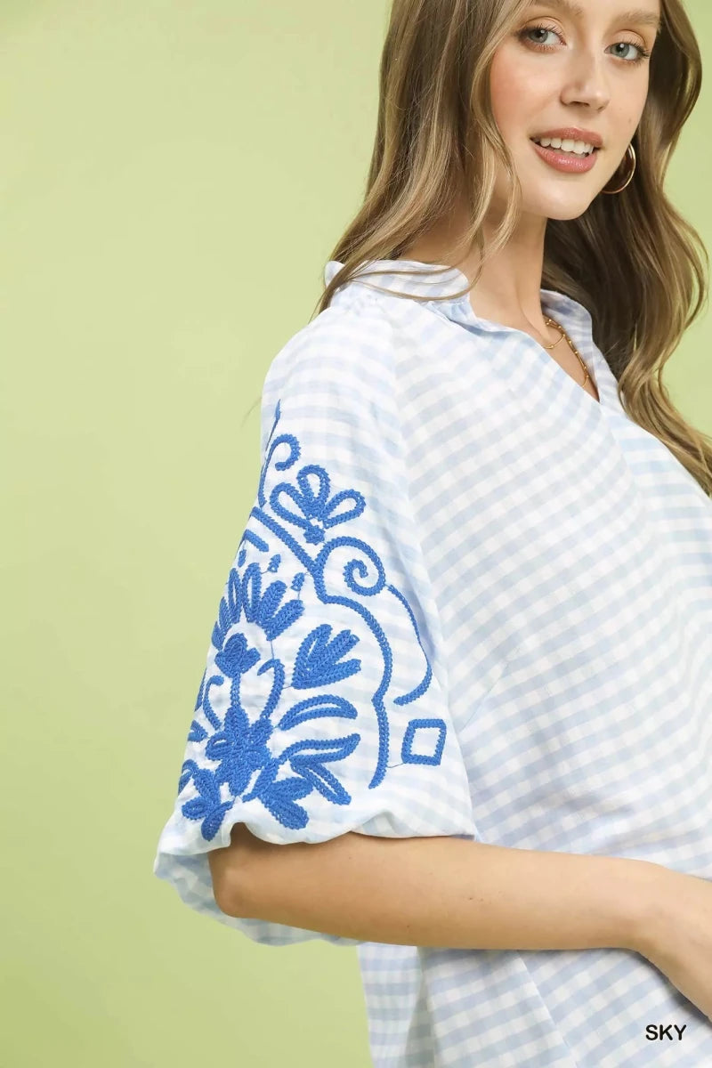Umgee Gingham Embroidered Balloon Sleeve Top - 