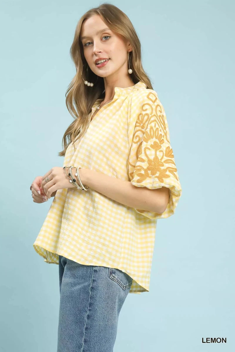 Umgee Gingham Embroidered Balloon Sleeve Top - 