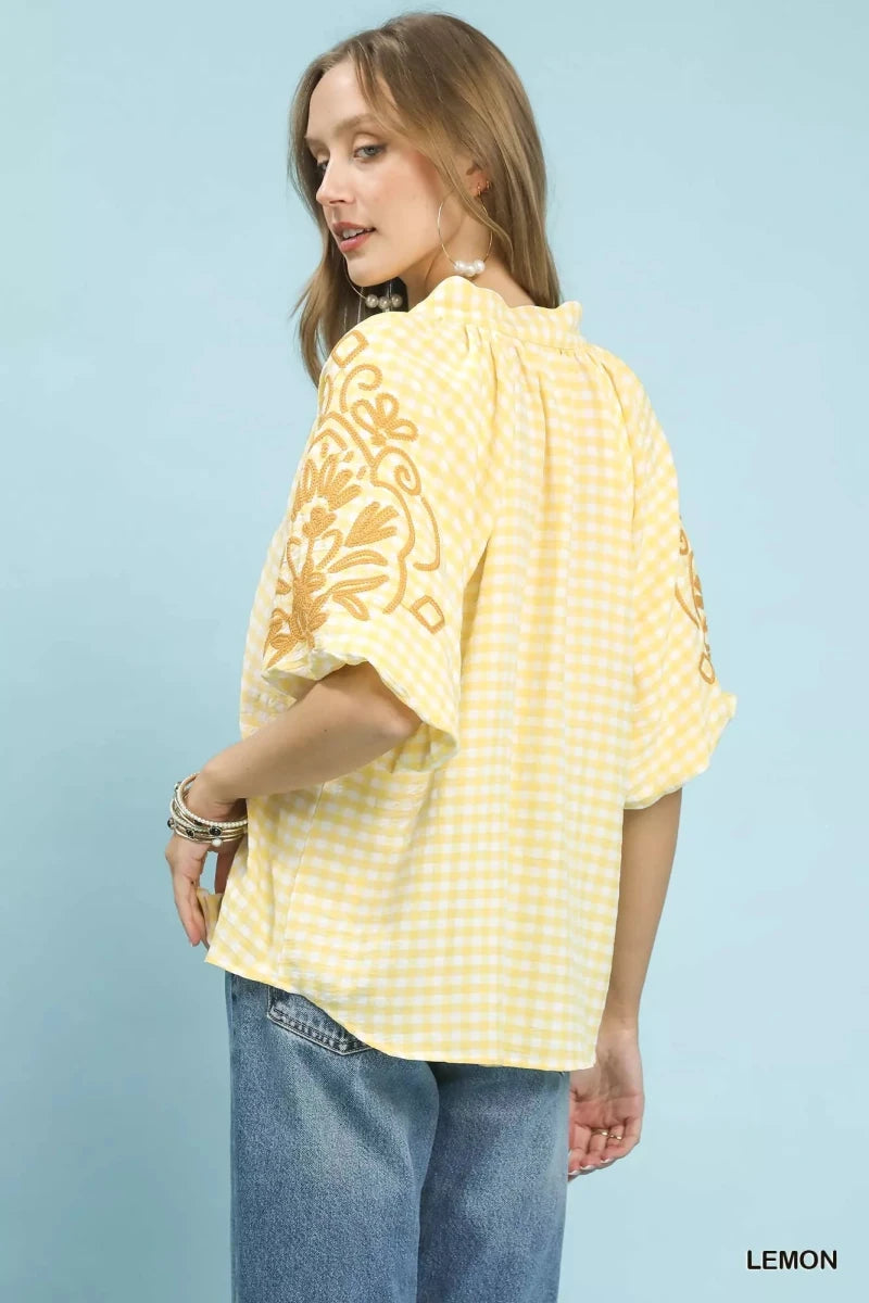 Umgee Gingham Embroidered Balloon Sleeve Top - 
