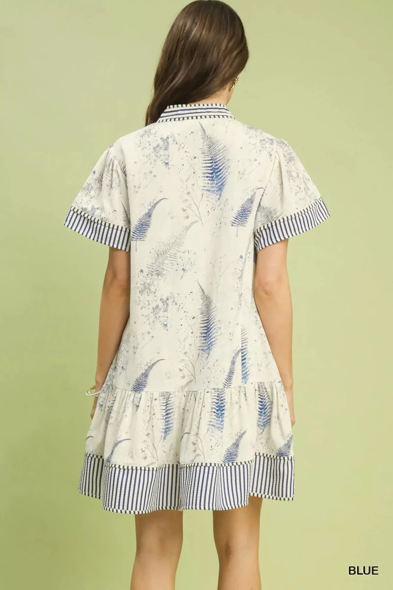 Umgee Linen Printed Button - Front Tiered Mini Dress - 
