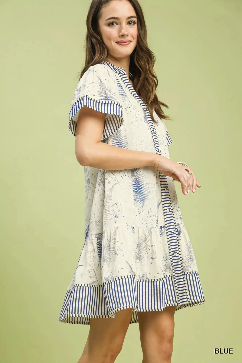 Umgee Linen Printed Button - Front Tiered Mini Dress - 