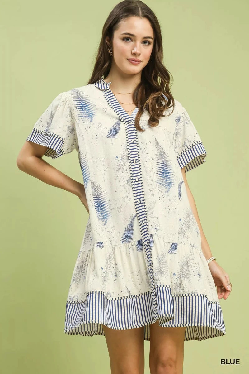 Umgee Linen Printed Button - Front Tiered Mini Dress - 