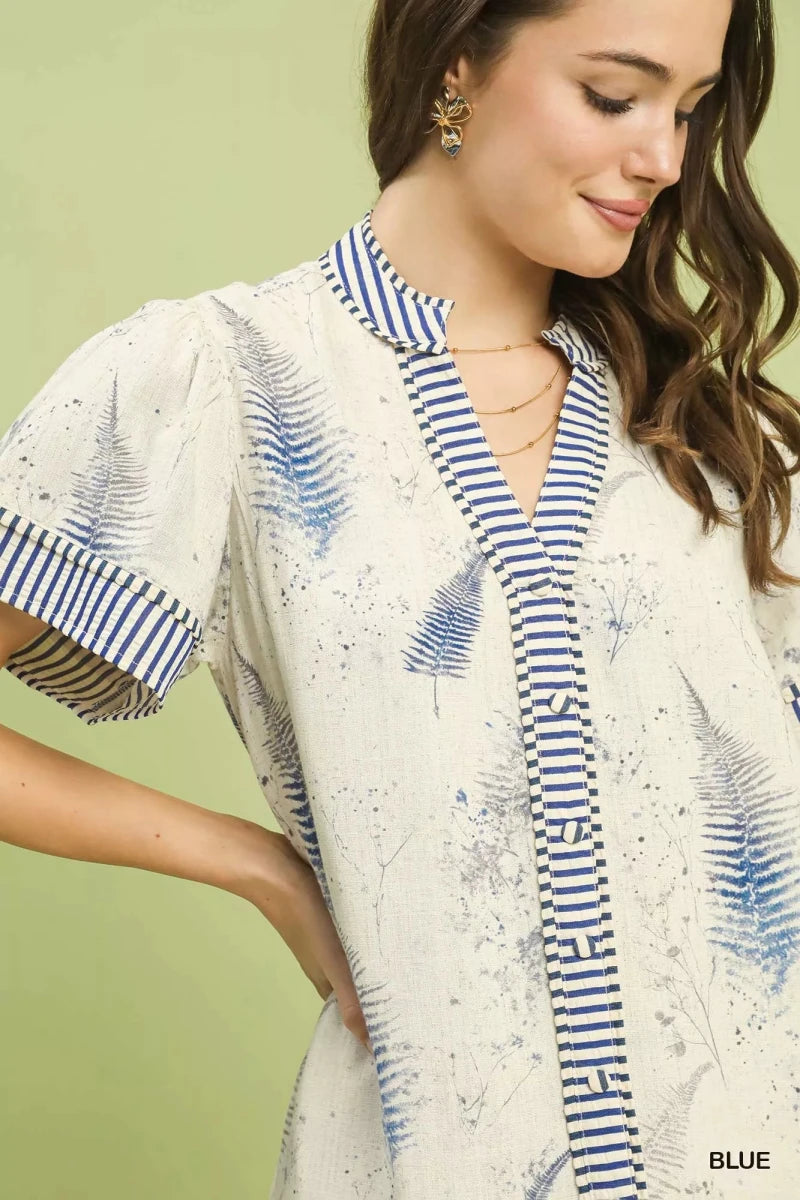 Umgee Linen Printed Button - Front Tiered Mini Dress - 