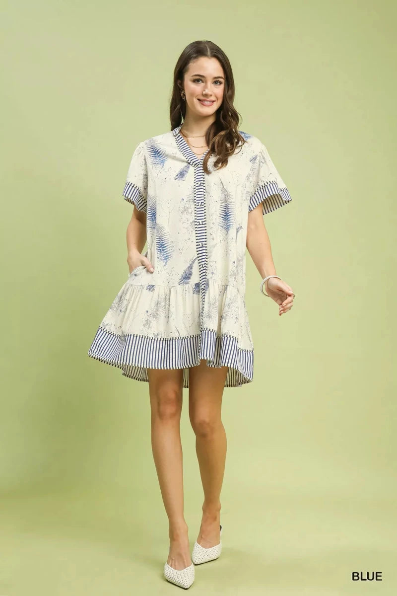 Umgee Linen Printed Button - Front Tiered Mini Dress - 