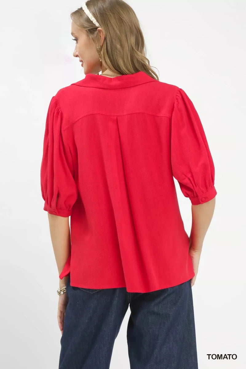 Umgee Mixed Media V - Neck Print Blouse - 