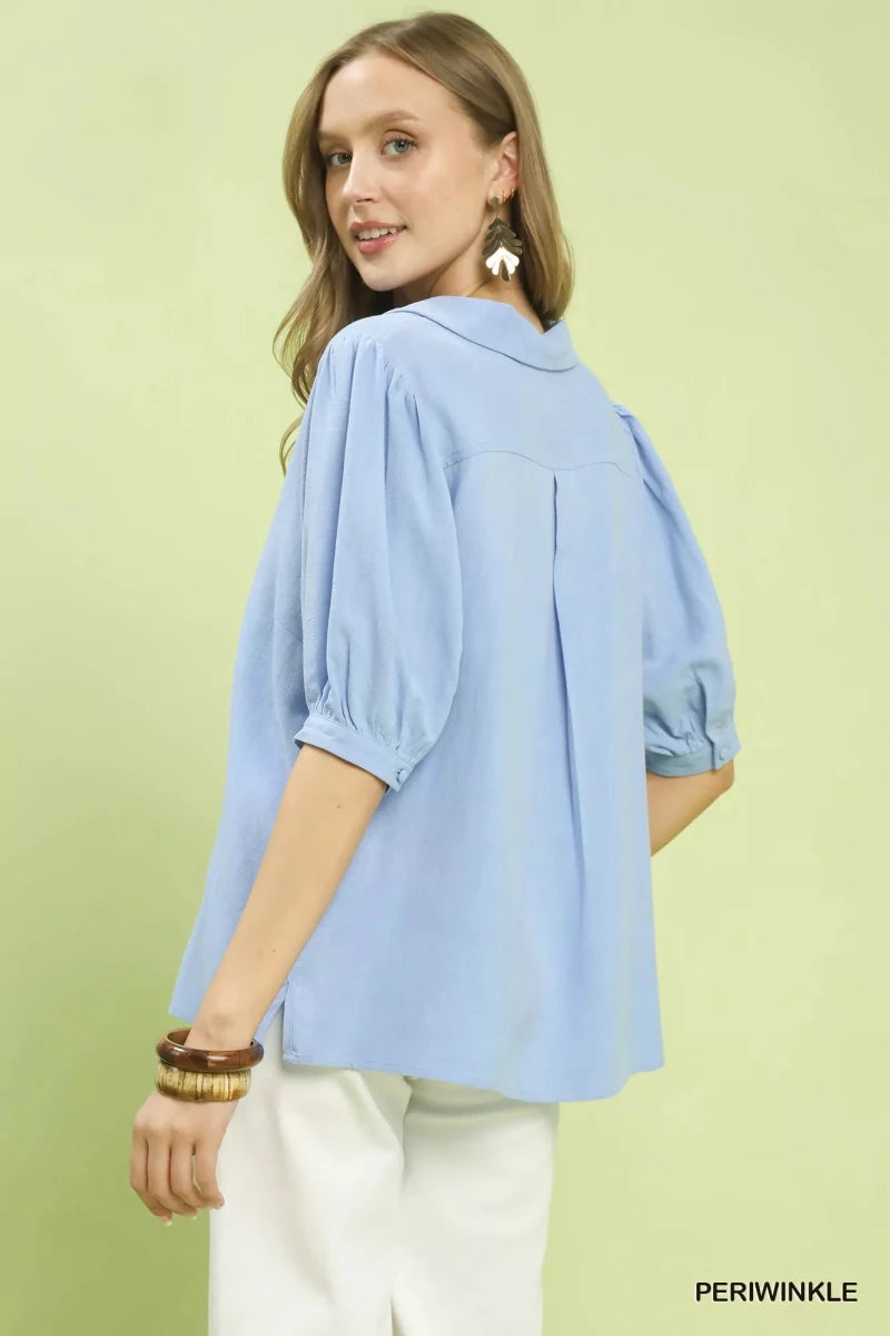 Umgee Mixed Media V - Neck Print Blouse - 