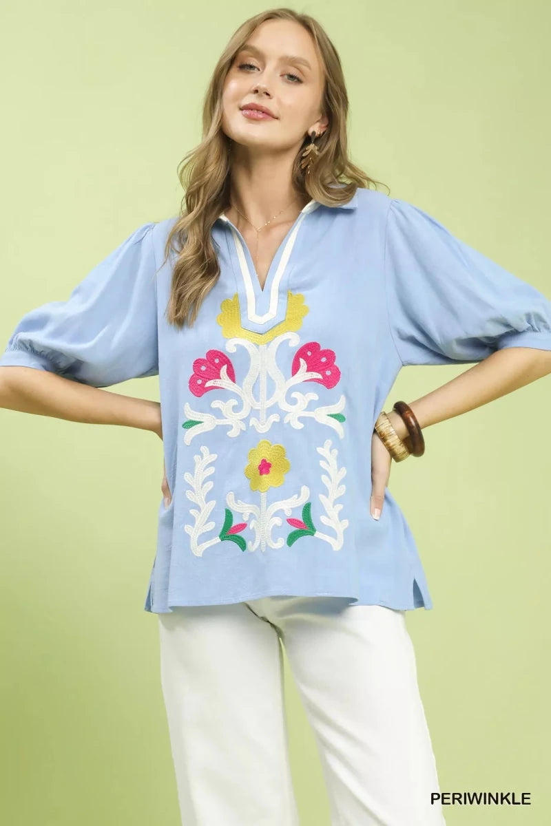 Umgee Mixed Media V - Neck Print Blouse - 