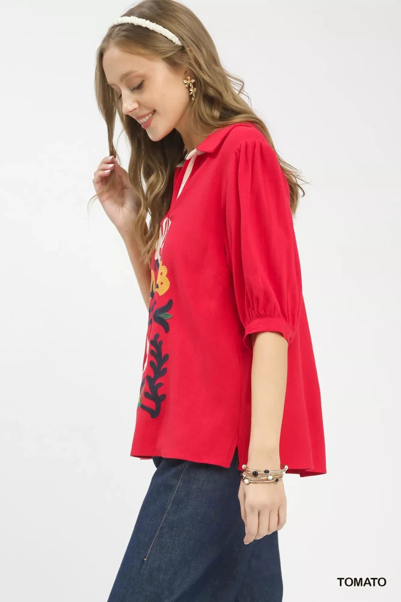 Umgee Mixed Media V - Neck Print Blouse - 