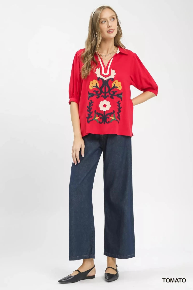 Umgee Mixed Media V - Neck Print Blouse - 