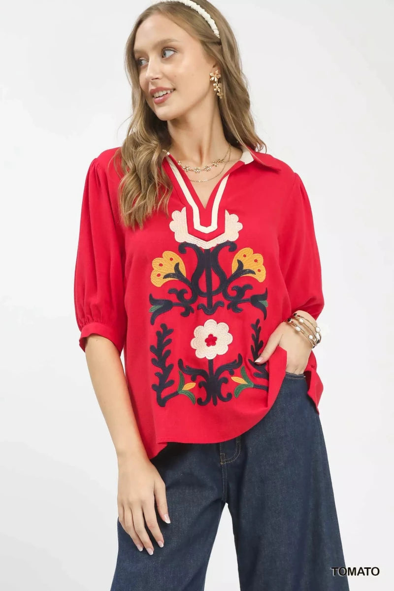 Umgee Mixed Media V - Neck Print Blouse - 