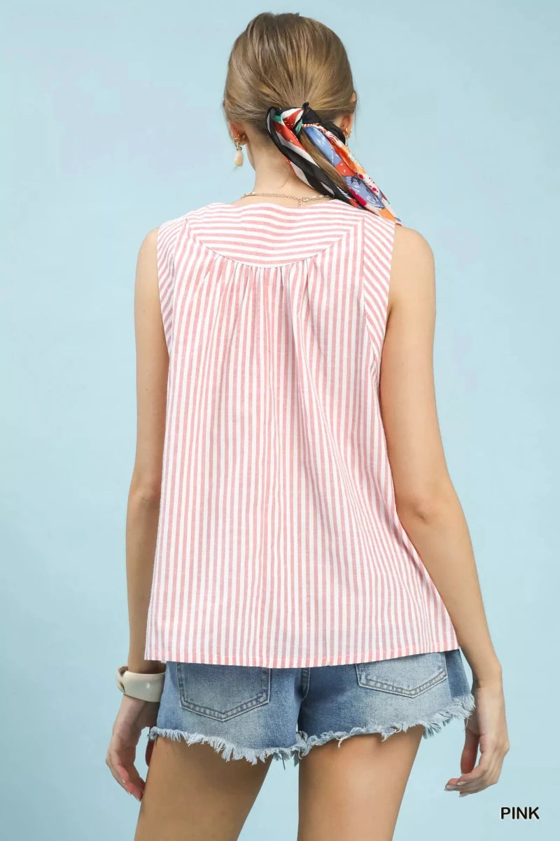 Umgee Mixed Stripe Sleeveless V - Neck Top - 