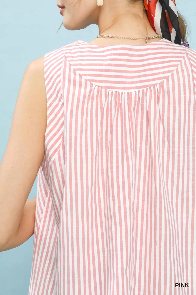 Umgee Mixed Stripe Sleeveless V - Neck Top - 