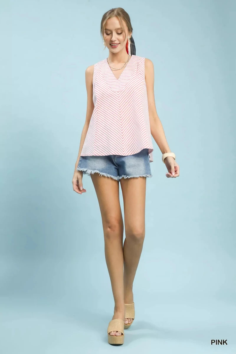 Umgee Mixed Stripe Sleeveless V - Neck Top - 