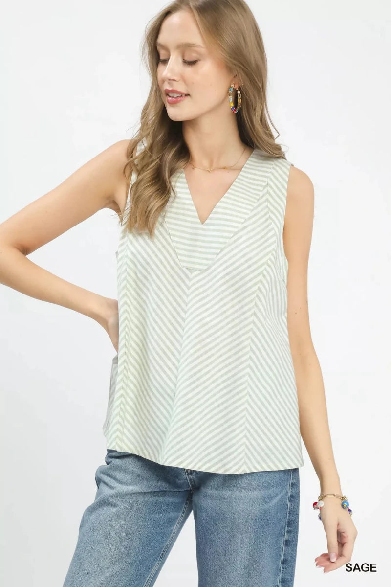 Umgee Mixed Stripe Sleeveless V - Neck Top - 