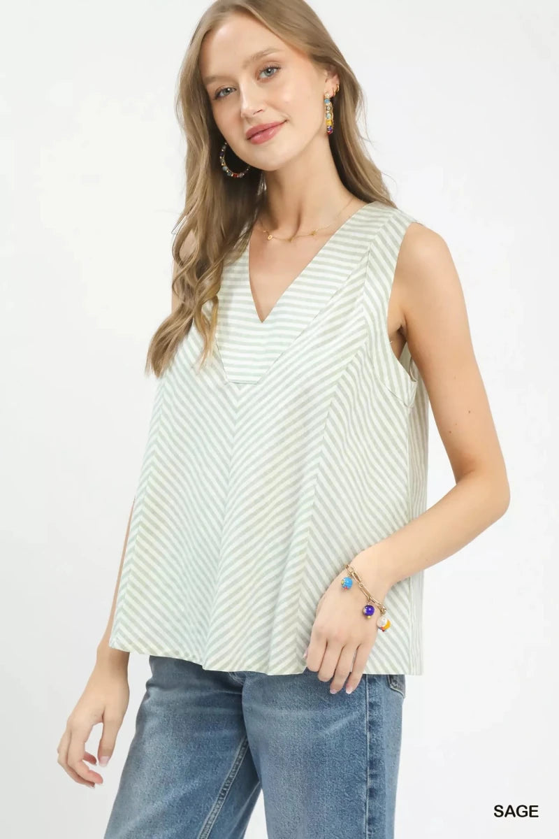 Umgee Mixed Stripe Sleeveless V - Neck Top - 