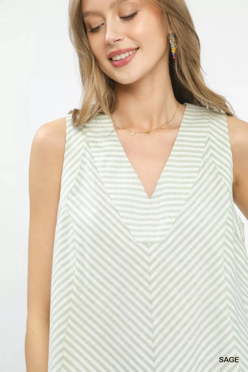 Umgee Mixed Stripe Sleeveless V - Neck Top - 