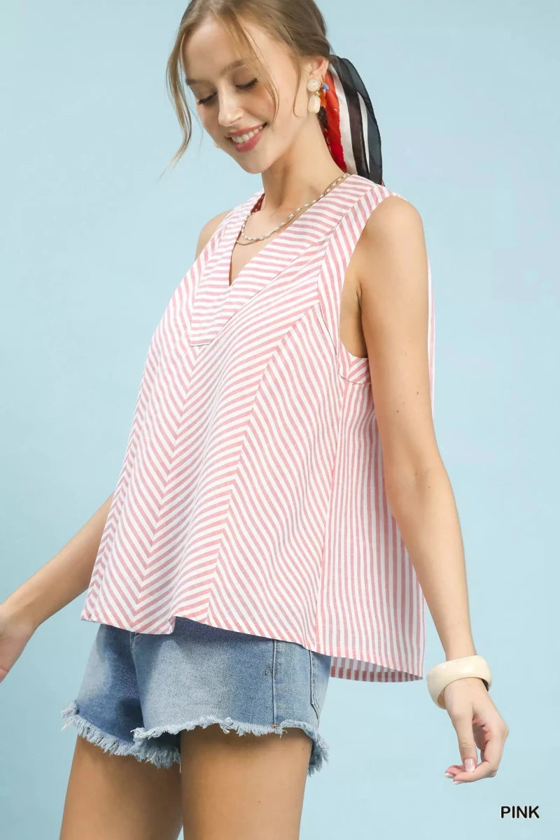 Umgee Mixed Stripe Sleeveless V - Neck Top - 