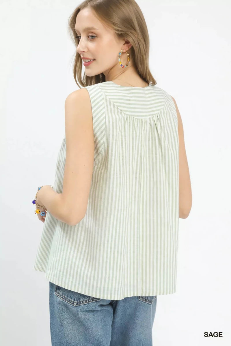 Umgee Mixed Stripe Sleeveless V - Neck Top - 